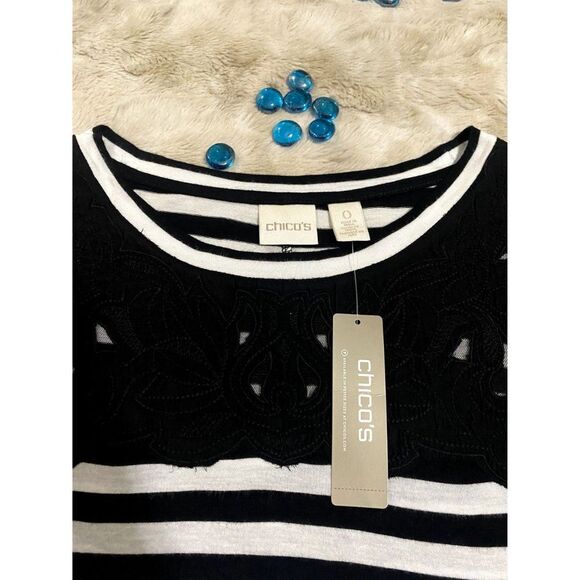 NWT Chico's T-shirt top Epic Stripe black/white solid cotton, Size 0, round neck - Picture 4 of 13